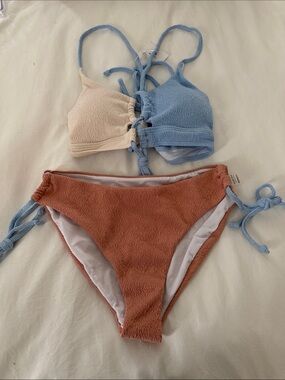 Colorblock Textured Tie Bikini - Blue, Cream & Terracotta
